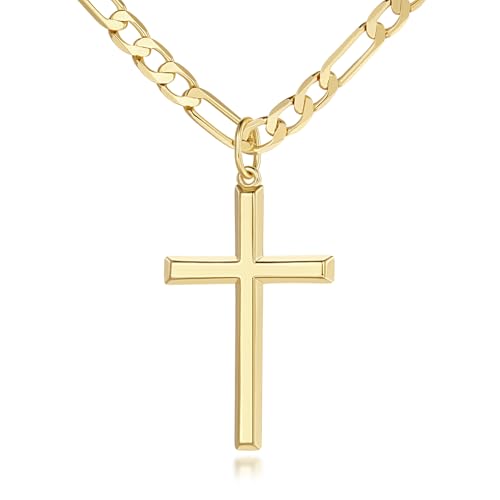14k Gold Cross Necklace for Men Large Gold Cross Pendant Figaro Chain for Mens 14K Chain 5mm Masculine Appeal 20, 22, 24 INCH