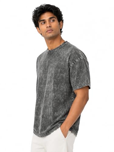 Image of 240 GSM Acid wash Oversized Tshirt Men Drop Shoulder Half Sleeves Round Neck Solid Pure 100% Cotton T-Shirts for Men
