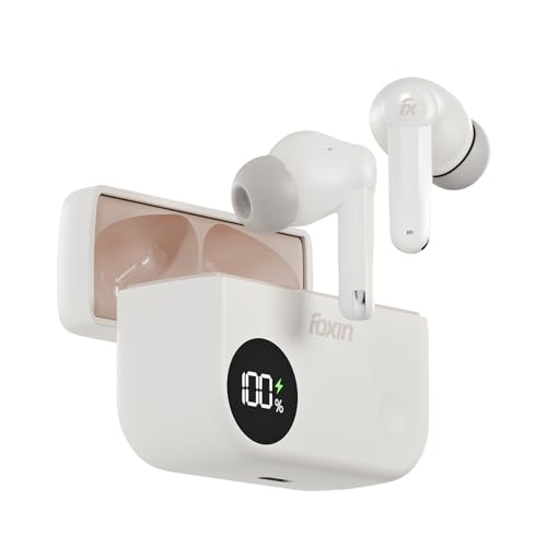 Image of Foxin FoxBuds F1 ANC True Wireless Bluetooth Earbuds Upto 30dB ANC, 50Hrs Playtime, Dual Pairing, Quad Mic ENC, 13mm Bass Driver, 40ms Low Latency, Digital Display, Gaming Mode, BT 5.4 (Dune Beige)