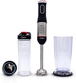 CLOEN Batidora de Mano, 1200W de Potencia, Mango Antideslizante, 20 velocidades, función de Turbo, Mango Soft Touch. 2 Accesorios Vaso Medidor + Vaso Smothies. Easy Hand Blender