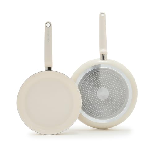 Image of GreenPan Rio Advanced 10 inch and 12 inch Frying Pan Skillet Set, Ceramic Nonstick PFAS-Free Pans, Induction Ready, Dishwasher and Oven Safe, Cream White
