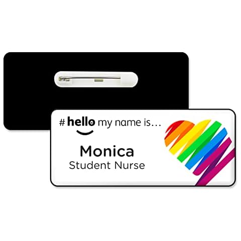 Hello My Name is Rainbow Ribbons Heart Personalised Premium Domed Bespoke Custom Name Badge 76 x 32mm White/Black Cover