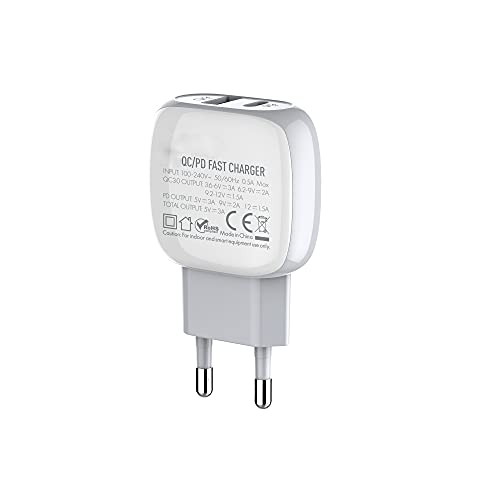 Image of (Tessco BC-202) 20W Dual USB Charger /Adapter (PD + QC3.0 Port) with Qualcomm Quick Charge 3.0 Technology | Android USB Cable Included - White