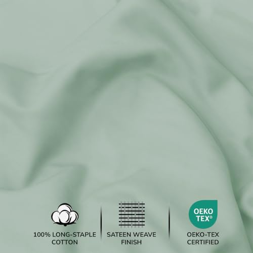 Image of Feather & Stitch 500 TC Split King Size Sheet Set, 5 Piece Bed Sheets Set-2 Twin Fitted Sheet, 1 King Flat Sheet & 2 King Pillowcases, 18 inch Deep Pockets Sateen Weave Solid Bedsheet - (Soft Sage)