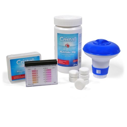 Cristal Multitabs Chlor Set - 5-in-1 Wasserpflege für Pools - Mit Dosierschwimmer & Teststreifen - Langzeitdesinfektion & Algenverhütung