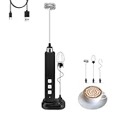 Rechargeable Milk Frother Handheld with 3 Detachable Stainless Whisks, 3 Speed Adjustable Drink Mixer, Mini Frother Wand for Coffee, Matcha, Protein Shakes, with Charging Base and Whisk Storage