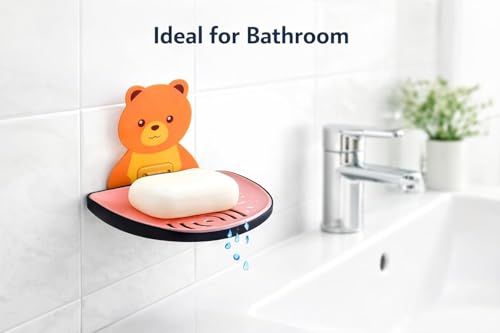 Image of Wall Mounted Self Adhesive Soap Dish with Drain | Plastic Soap Holder for Bathroom, Kitchen Sink & Wash Basin | Kids Friendly Bear Design (Pack of 2, Semi Circle Soap Dish)