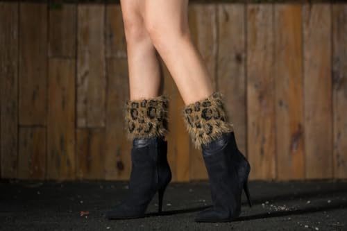 Faux Fur Leg Warmers for Women Short Fuzzy Boot Cuffs Toppers for Winter Leopard Knitted Leg Warmer4