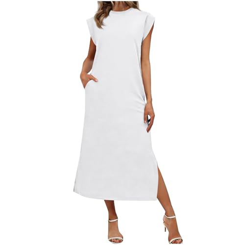Summer Spring Maxi Dresses for Women Vacation Casual Loose Fashion Sundress Sleeveless Crewneck Swing Tank Dress S-2XL White