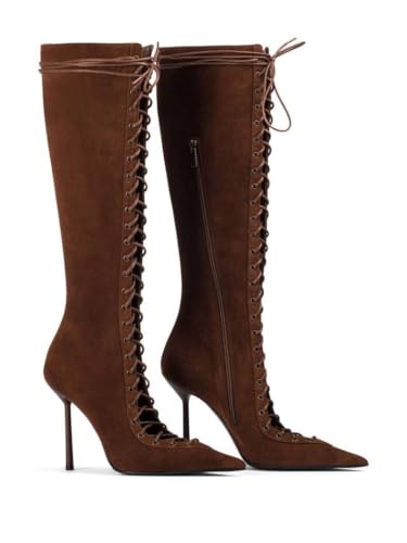 Saint Leia Women's Knee High Boots Pointed Toe Lace Up Stiletto Heel Fashion Elegant Long Boots