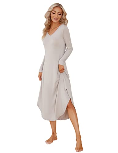 Clearlove Chemise de Nuit pour Femme à Manches Longues avec col en V Longue Tenue décontractée Chemise de Nuit vêtements de Nuit avec Poches, B-Gris Clair, L Cover
