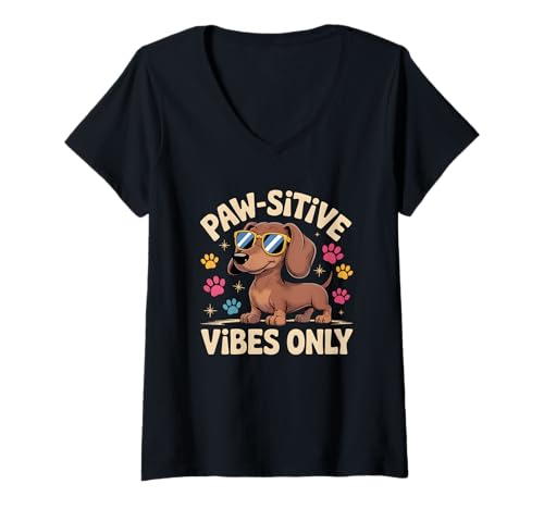 Dog Lover Paw-sitive Vibes Only Cool Bassotto Maglietta con donna collo a v