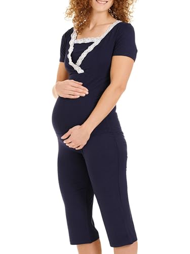 Herzmutter Stillen Schlafanzug Kurz - Umstandspyjama Damen - Stillpyjama Set Spitze - Schwangerschaft-Stillfunktion - Kurzarm - 2500 (M, Dunkelblau)