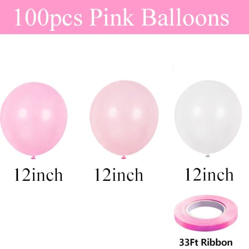 Image of 100pcs Pink and White Balloons 12 Inch w /Ribbon Party Decorations | Pink and White Balloons for Women Girls Birthday Anniversary Wedding Bridal Shower Party Decorations Supplies