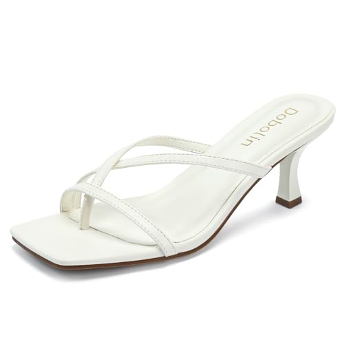 White Kitten Heels Sandals for Women Square Toe Flip Flop Thong Sandals for Summer Office Dress Size 7.5