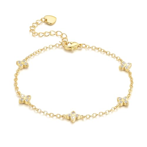 VSNPO 14K Gold Bracelets for Women Gold Clover Bracelets for Women Chain Bracelet Classic Four-Leaf Clovers Element with Cubic Zirconia Trendy Womens Four Leaf Clover Bracelet