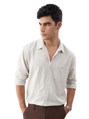 Image of The Souled Store Solid Linen: Beige Color Men and Boys Regular Outdoor Fit Full Sleeve Collared Neck Spread Collar Casual Wear Stylish Comfortable Premium Elegant Cotton Shirts