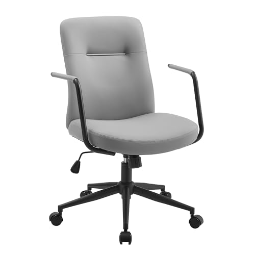 SONGMICS Silla de Oficina Giratoria, Silla de Ordenador, Superficie de PU Fácil de Limpiar, Altura Ajustable, Cómodo Respaldo y Asiento Curvo, Carga de 150 kg, Gris Paloma OBG031G01