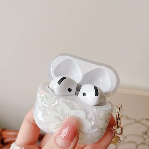 Image of MINSCOSE for Glitter AirPods 4 Clear Case,Cute Cartoon Shell Pattern Aesthetics Design with Girly Floral Keychain,Soft TPU Protective Cover with Cleaner Kit for Girls Women for AirPods 4-White