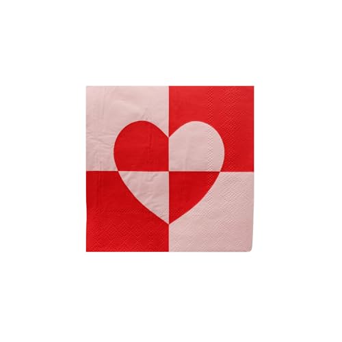 Bonjour Fete Red And Pink Heart Checker Small Paper Napkins | Premium Party Table Decor, Holiday Decorations | Happy Birthday Decorations, Cocktail Napkins, 3-ply Paper, Pack of 20, 5" Folded