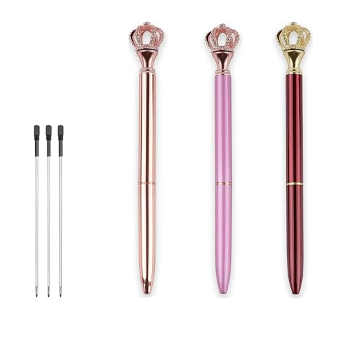 Ballpoint Pens 3 PCS Diamond Crown Top Black Ink Refills Writing Pen Set Office Supplies Stationery Gift Suitable for School Office Home Wedding Decorate (Set 2)