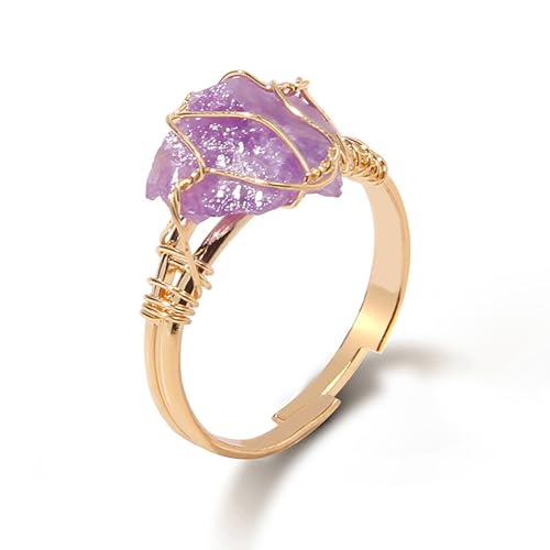 Lit Wall Amethyst Rings for Women 14k Gold Plated Adjustable Raw Amethyst Ring Gold Natural Stone Purple Stone Ring February Birthstone Rings