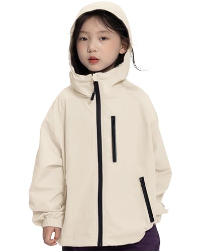 Rolanko Mädchen Wasserdichte Kapuzenjacke Leichter Regenmantel Windbreaker Outwear Regenjacken für Kinder Jungen 7-14 Jahre, Beige, Größe: 170/13-14 Years