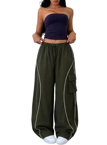 Image of Parachute Baggy Track Pant for Women | Korean Style Loose Fit Wide Leg Cargo Pockets | Piping Casual Trouser