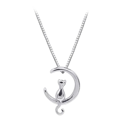 NyxSeat 1 collar de gato con 1 caja de joyería negra de cristal 3D con diseño de gato, collar de animales para mujer, joyería para mujer, joyería para uso diario, fiesta (plata)., Plata esterlina