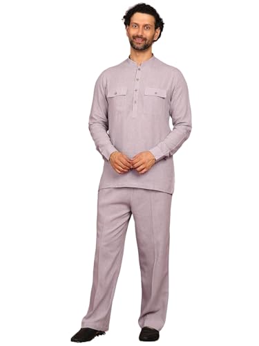 Image of See Designs Men's Full Sleeve Mandarin Collar Linen Solid Pathani Set