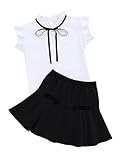 LIONJIE Girl's 2 PCS White Black Outfits 2 Piece Skirt Sets Summer Clothes Ruffle Sleeve Tops Bow Mini Skirts 9-10Y