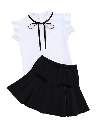 LIONJIE 2 PCS Girl's Skirt Sets Summer Clothes Ruffle Sleeve Tops Bow Frilled Neck Solid White Shirts Black Skirts 5-6Y