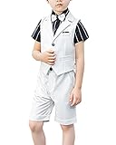 Shengwan 4 Stück Kinder Junge Anzug Sommer Hochzeit Anzüge Weste + Kurzarm Hemd + Kurze Hose + Krawatte Kinderanzug Festlich Outfit Weiß 11-12 Jahre