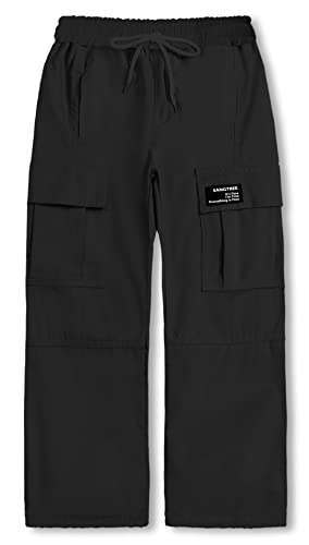 Sangtree Girl's Cargo Pants High Waisted Casual Adjustable Ankles Loose Trousers With Pockets For Girl,1#Black Wide,13-14 Years Toddler = Tag 170 #TOP3