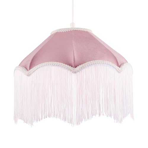 Image of Classic Vintage Victorian Shape Pendant Light Shade in Blush Pink Soft Velvet | Ivory White Embroidered Trims | 35cm Diameter by Happy Homewares