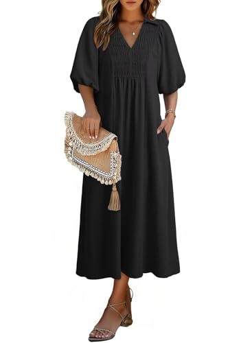 Dokotoo Black Dresses for Women Summer Dresses for Women 2026 V Neck Puff Sleeve Empire Waist Casual A Line Swing Maxi Dress Medium