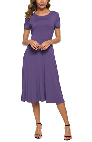 Image of EXCHIC Women's Casual Round Neck Short Sleeve Midi Dress Solid Stretchy Waist Knee Long Dress