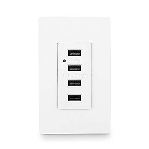 Leod 4.2A Output High Speed 4 Usb Port Charger Wall Outlet And Led Blue Indicator Light With 2 Typeswall Plates(Standard And Screwless Included), Usb Outlet With 4 Usb Port, White,Ul Listed[1 Pack] #TOP1