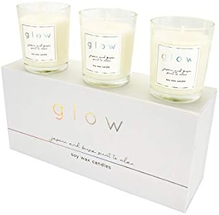 GLOW Scented Candle Set -100% Natural Soy Wax. Perfect for yourself or as a gift for someone special. Indulgent jasmine and freesia scent, to relax