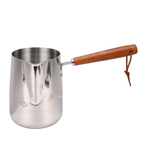 Fockety Pichet à Mousse de Lait, Tasse à Mousseur à Lait en Acier Inoxydable 304 avec Poignée en Bois et Base Plate à Induction, Tasse à Mousser pour Chauffer le café, Faire Fondre le (1000ml)