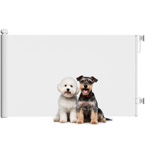 PawHut Cancellino per Cani Piccoli Estensibile 0-140 x 86.5 cm, Cancelletto per Animali Retrattile con Blocco Automatico per Porte e Scale, Bianco