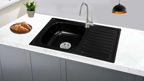 Omeere Fregadero de cocina de acero inoxidable 304 de 0,8 mm,Fregadero empotrado 1 seno 80 x 50 x 18cm,pequeña rectangular (Escurridor a la derecha negro)