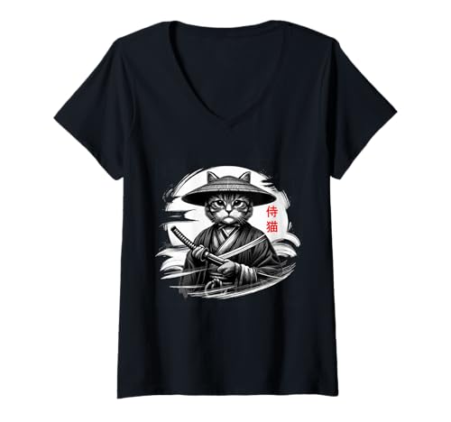 Mujer Samurai Cat Graphic Funny Japanese Streetwear Aesthet Design Camiseta Cuello V