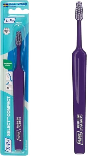 Spazzolino TePe Select Compact Medium, 1pz, efficace per la rimozione della placca, testina affusolata, pulizia delicata con spazzolino medium per adulti (Confezione da 6)