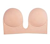 Bontierie Women's Push Up Plunge Adhesive Bra Reusable Deep U-Shaped Sticky Bra Strapless Backless Breast Lifting Bra Beige