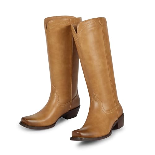 Image of wetkiss Women's Pointed Toe Cowboy Boots | Knee High Cowgirl Boots, Retro Embroidery, Chunky Heel, Pull-On, Style for a Classic Western Look,Stable and Comfortable