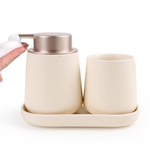 Umlaca Badezimmer Set Beige, 3-teiliges Badezimmer Zubehör Set aus Keramik, Dekoratives Badzubehör Enthält Seifenspender Zahnputzbecher & Badablage für Schmuck, Geeignet für Bad (Schaumseifenspender)