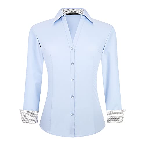 Alex Vando Womens Button Down Shirts Easy Care Long Sleeve Stretch Casual Dress Shirt,Blue,S