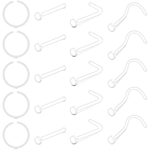 Crdifu Clear Nose Ring Studs Retainers 0.8mm Flat Top L Shaped Screw Plastic Invisible Nose Piercing for Work School Cover