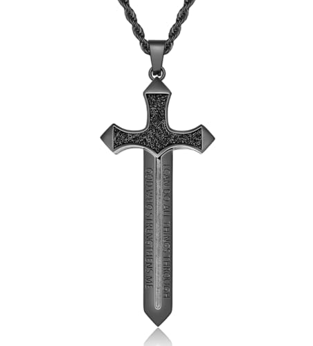 Strength Sword Necklace -Stainless Steel Cross/Sword/Sun/Evil Eye-Fun Inspirational Pendant Necklace,Spiritual Jewelry Gifts for Men Women in 24+ inch Chain